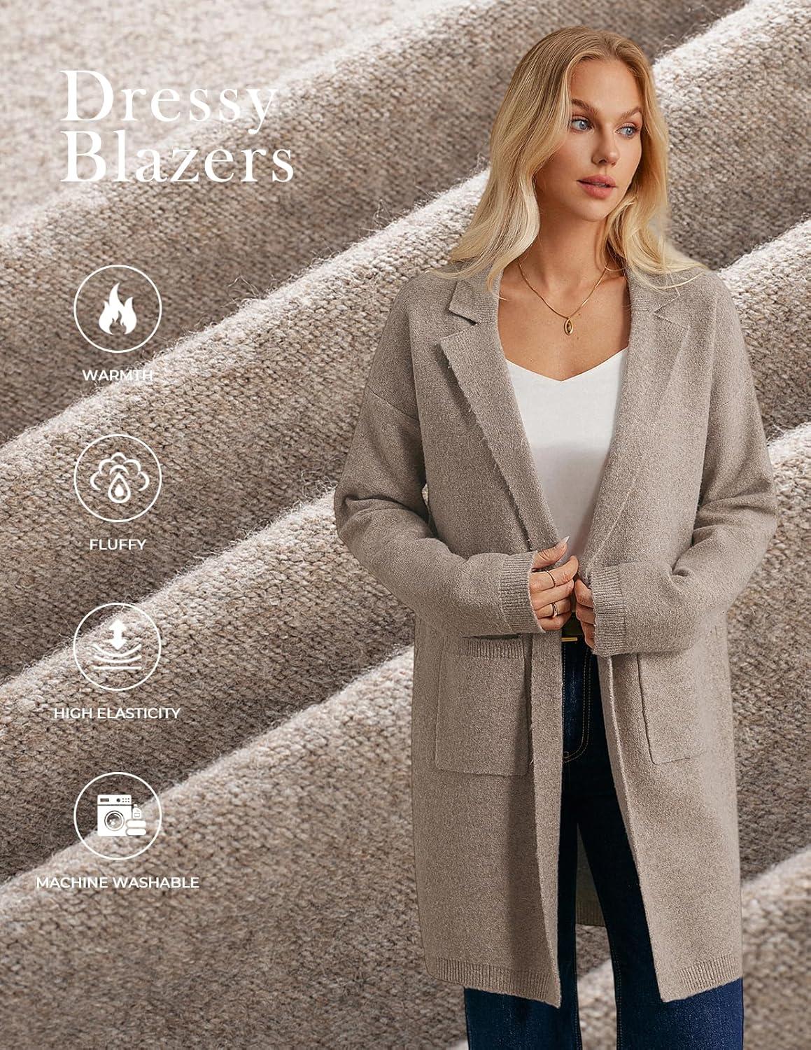 imageGRACE KARIN Women Long Sweater Blazers 2025 Open Front Knit Cardigan Dressy Soft Lapel Jacket with PocketsKhaki
