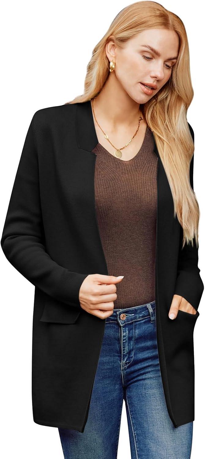 imageGRACE KARIN Womens 2025 Long Sleeve Open Front Knit Cardigan Notch Collar Sweater Blazer Jacket Fall Winter ClothingBlack