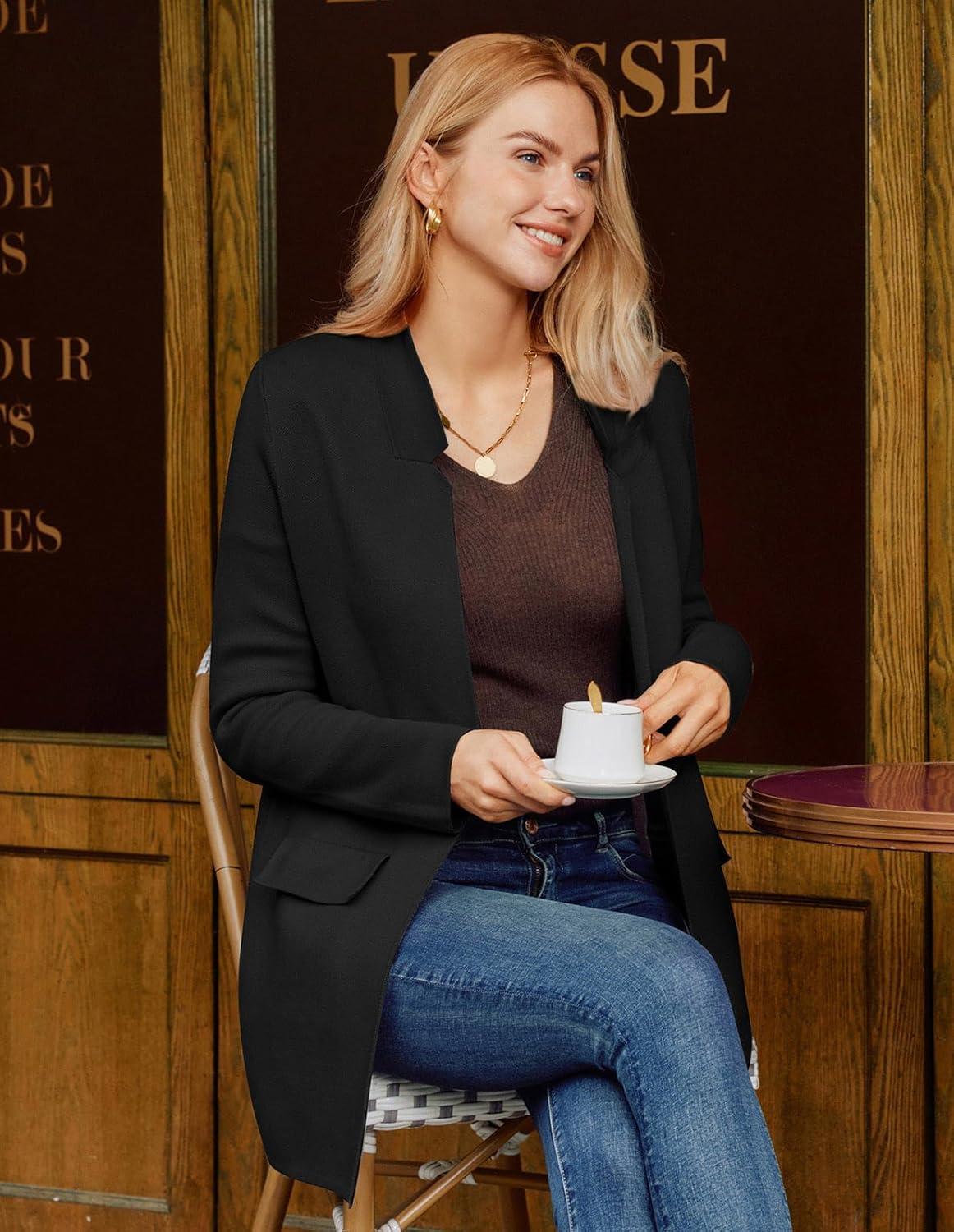 imageGRACE KARIN Womens 2025 Long Sleeve Open Front Knit Cardigan Notch Collar Sweater Blazer Jacket Fall Winter ClothingBlack