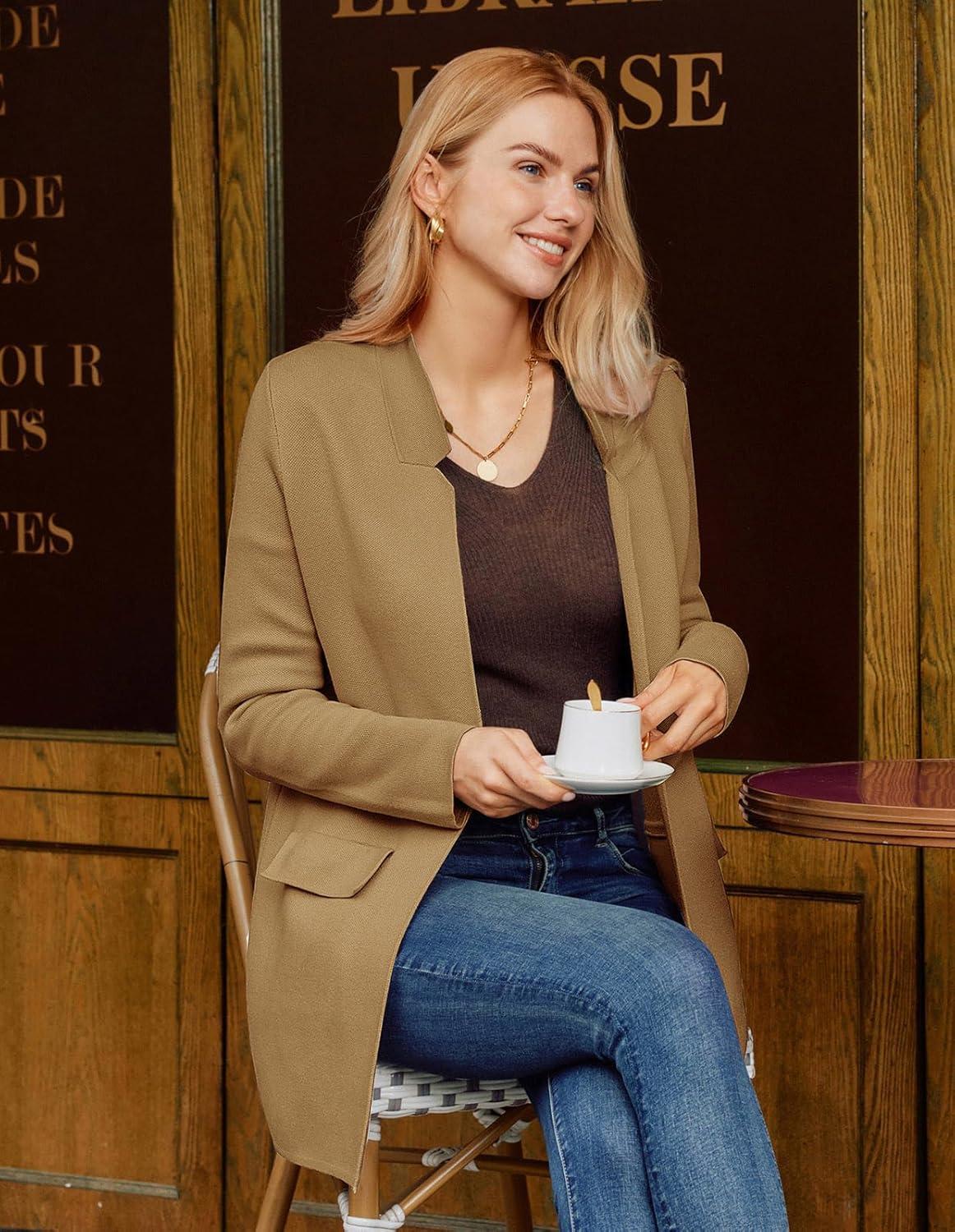 imageGRACE KARIN Womens 2025 Long Sleeve Open Front Knit Cardigan Notch Collar Sweater Blazer Jacket Fall Winter ClothingCamel