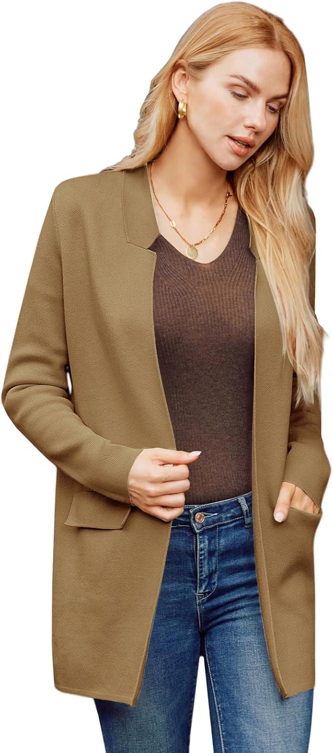imageGRACE KARIN Womens 2025 Long Sleeve Open Front Knit Cardigan Notch Collar Sweater Blazer Jacket Fall Winter ClothingCamel