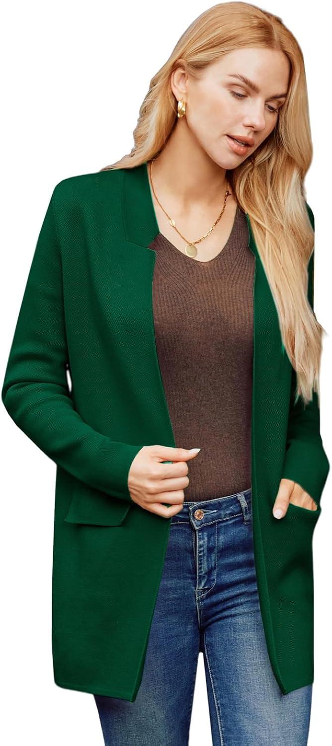 imageGRACE KARIN Womens 2025 Long Sleeve Open Front Knit Cardigan Notch Collar Sweater Blazer Jacket Fall Winter ClothingDeep Green