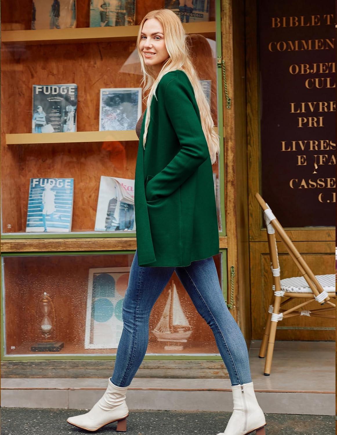 imageGRACE KARIN Womens 2025 Long Sleeve Open Front Knit Cardigan Notch Collar Sweater Blazer Jacket Fall Winter ClothingDeep Green