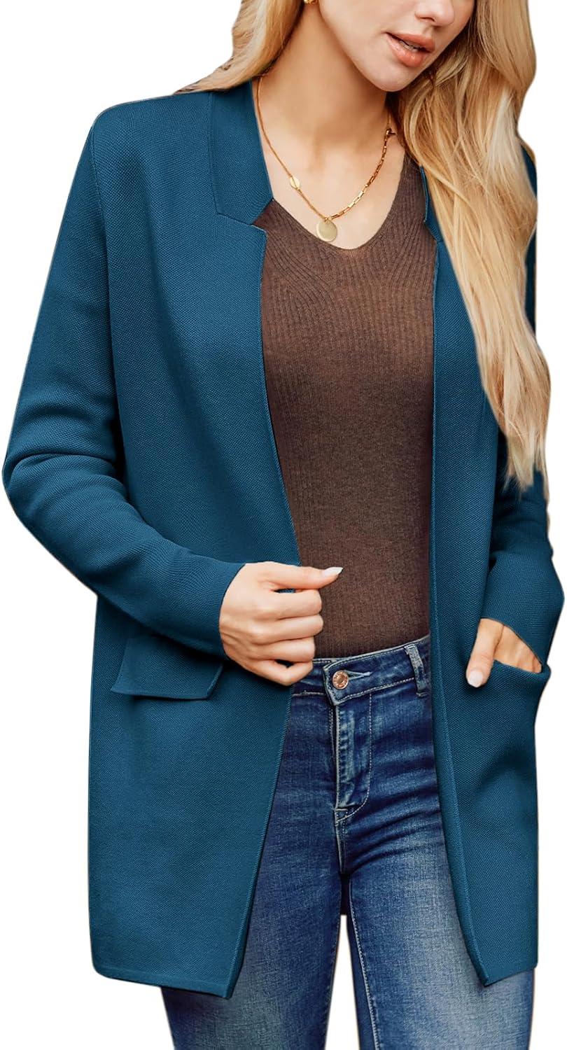 imageGRACE KARIN Womens 2025 Long Sleeve Open Front Knit Cardigan Notch Collar Sweater Blazer Jacket Fall Winter ClothingLake Blue