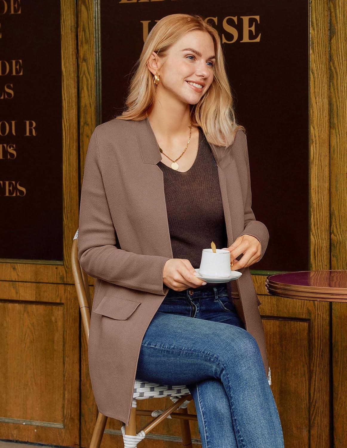 imageGRACE KARIN Womens 2025 Long Sleeve Open Front Knit Cardigan Notch Collar Sweater Blazer Jacket Fall Winter ClothingNutmeg