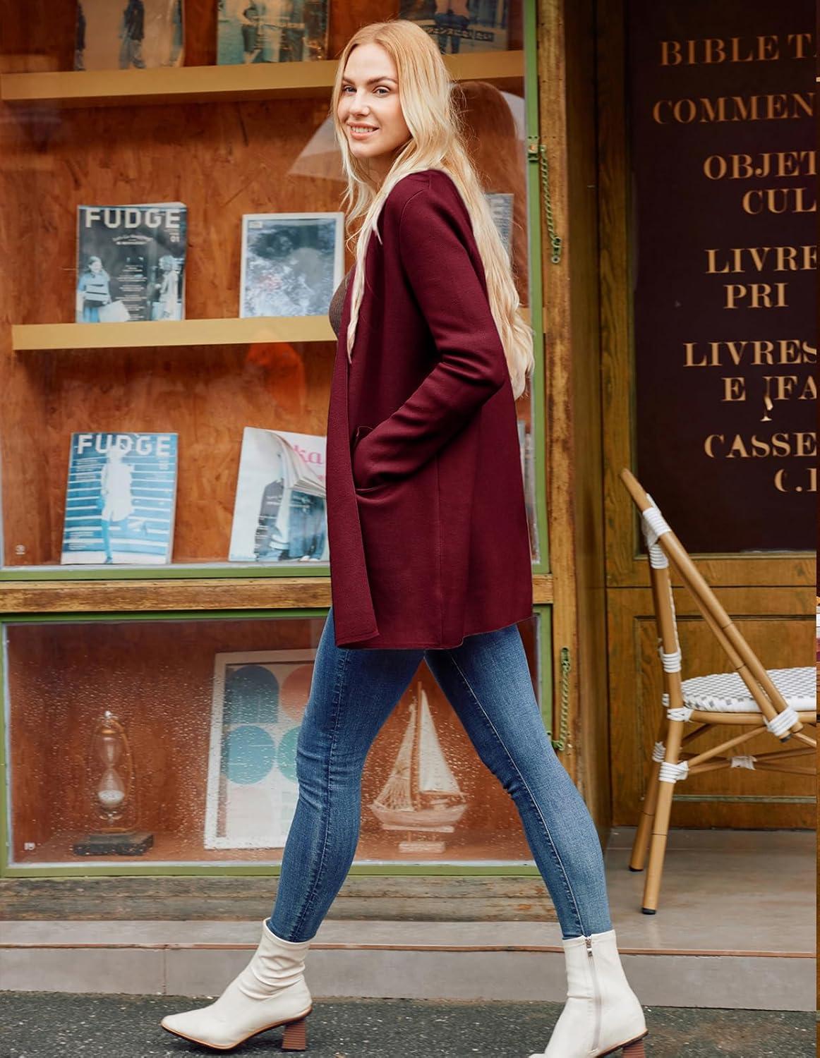 imageGRACE KARIN Womens 2025 Long Sleeve Open Front Knit Cardigan Notch Collar Sweater Blazer Jacket Fall Winter ClothingWine Red