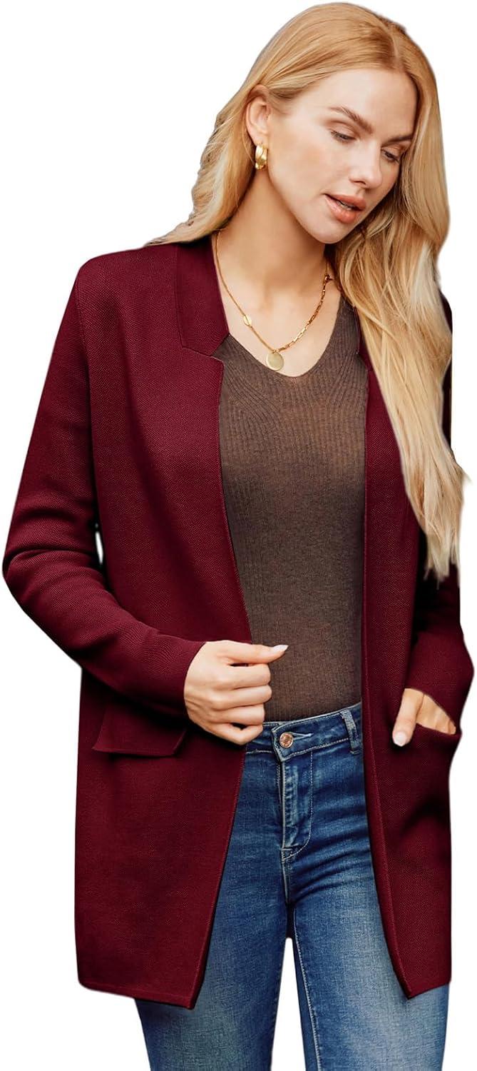 imageGRACE KARIN Womens 2025 Long Sleeve Open Front Knit Cardigan Notch Collar Sweater Blazer Jacket Fall Winter ClothingWine Red