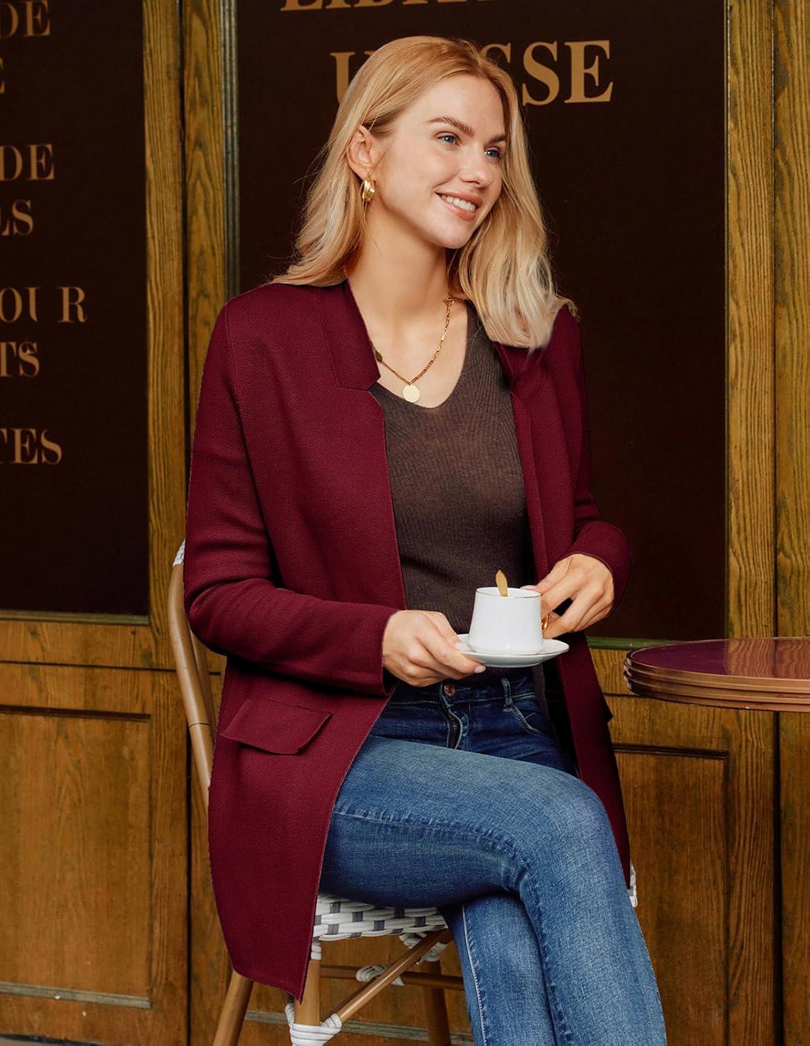 imageGRACE KARIN Womens 2025 Long Sleeve Open Front Knit Cardigan Notch Collar Sweater Blazer Jacket Fall Winter ClothingWine Red