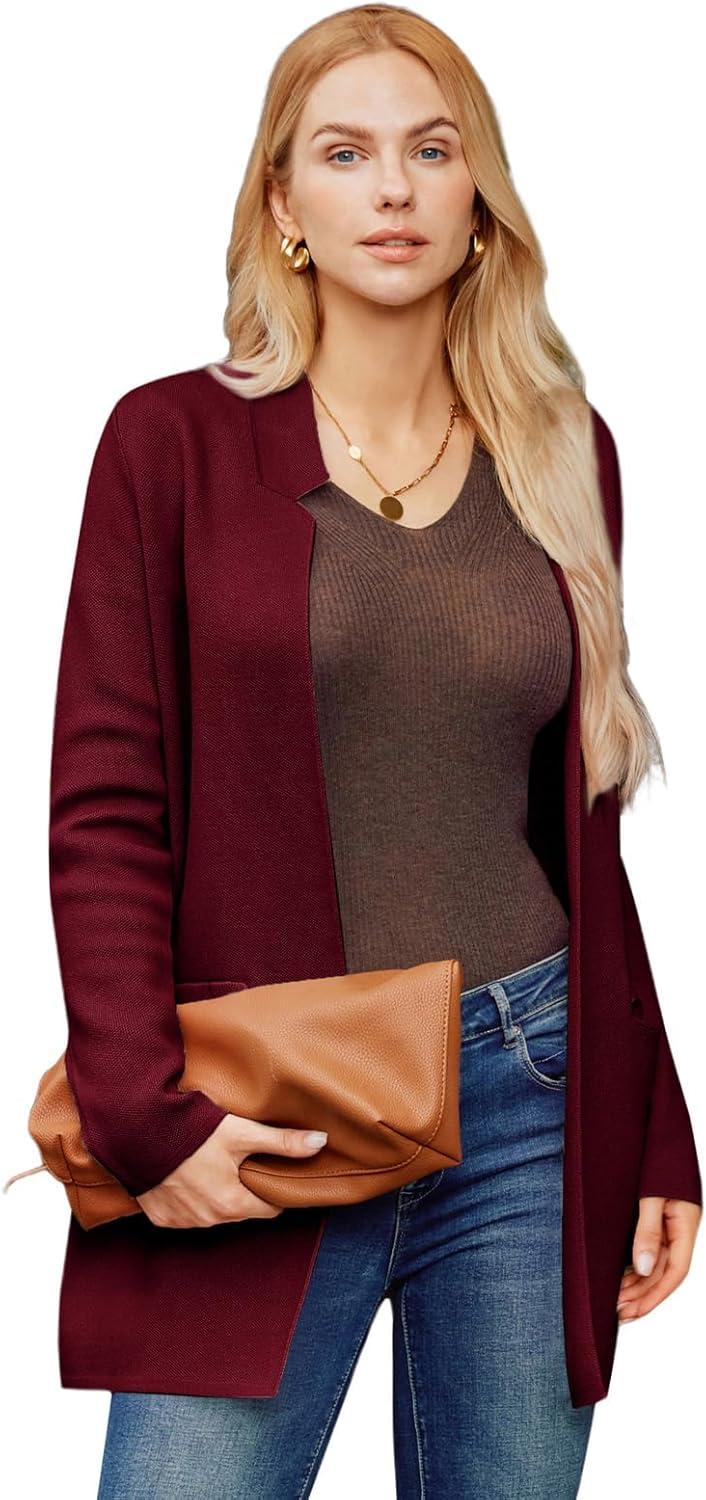 imageGRACE KARIN Womens 2025 Long Sleeve Open Front Knit Cardigan Notch Collar Sweater Blazer Jacket Fall Winter ClothingWine Red