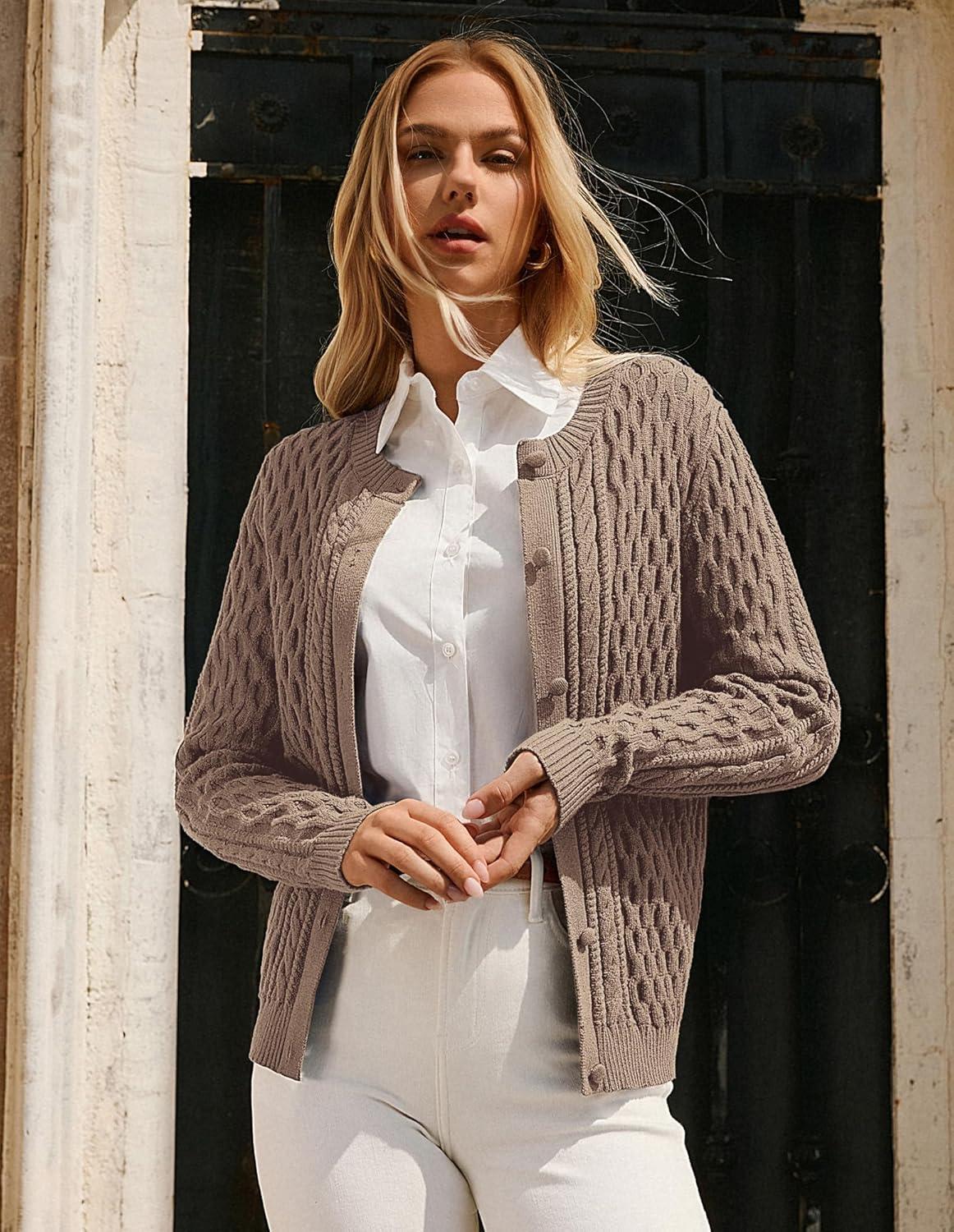 imageGRACE KARIN Womens Cable Knit Cardigan Sweaters Button Down Cardigans 2025 Fall Casual Long Sleeve TopsKhaki