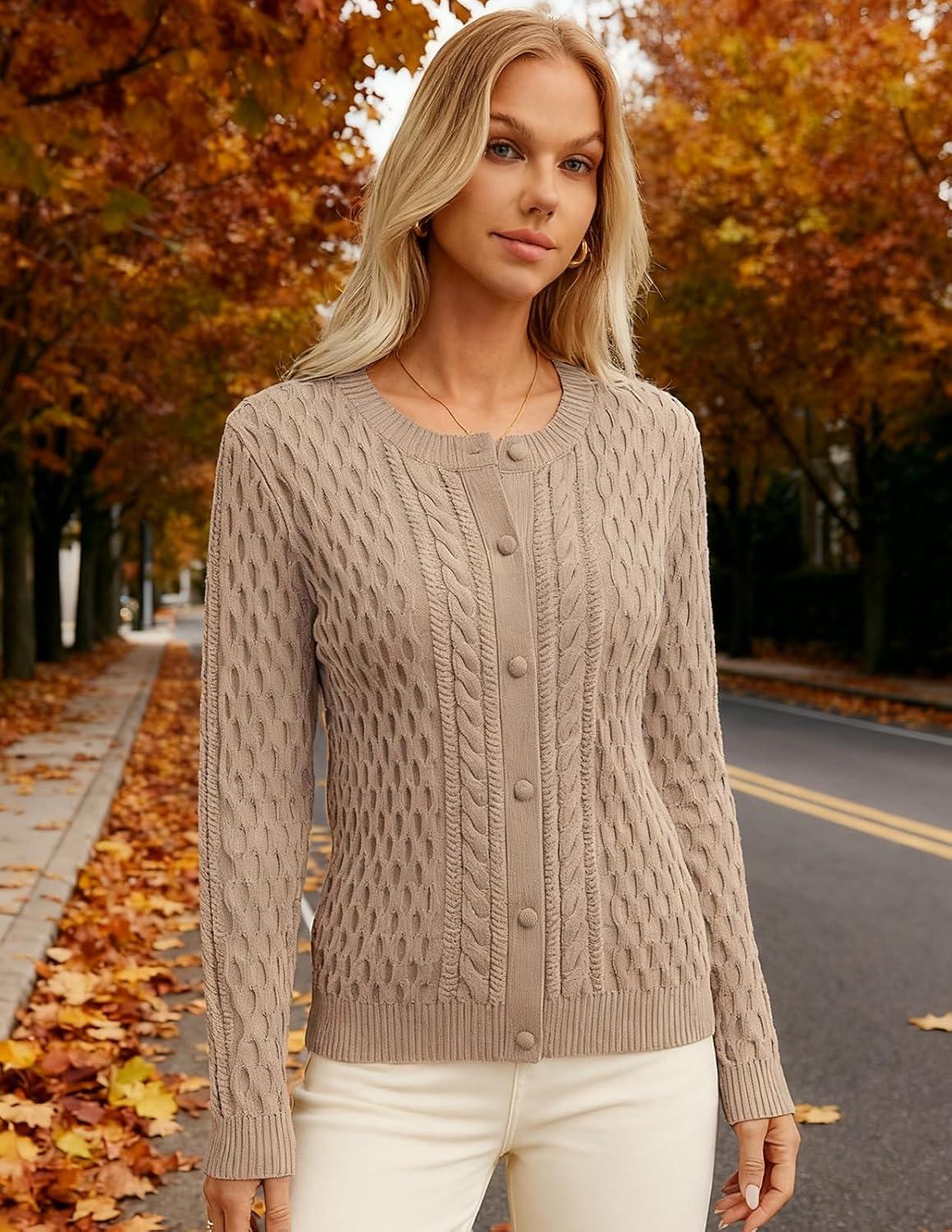 imageGRACE KARIN Womens Cable Knit Cardigan Sweaters Button Down Cardigans 2025 Fall Casual Long Sleeve TopsKhaki