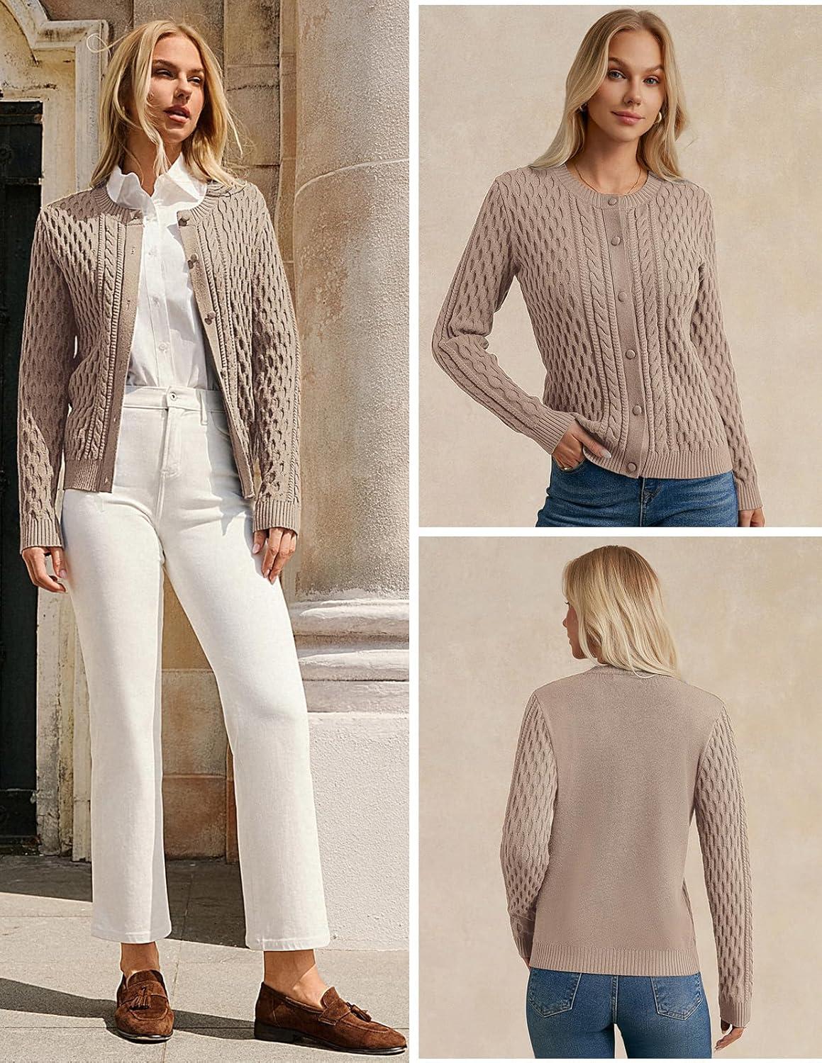 imageGRACE KARIN Womens Cable Knit Cardigan Sweaters Button Down Cardigans 2025 Fall Casual Long Sleeve TopsKhaki