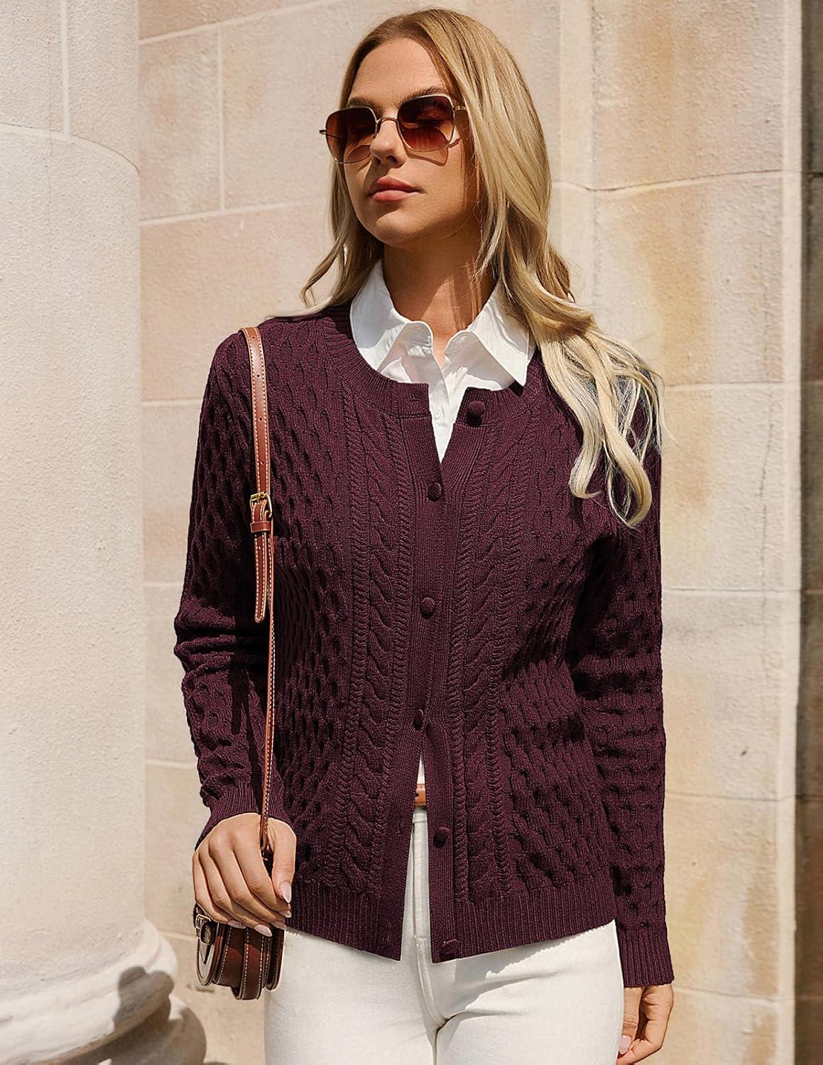 imageGRACE KARIN Womens Cable Knit Cardigan Sweaters Button Down Cardigans 2025 Fall Casual Long Sleeve TopsWine Red