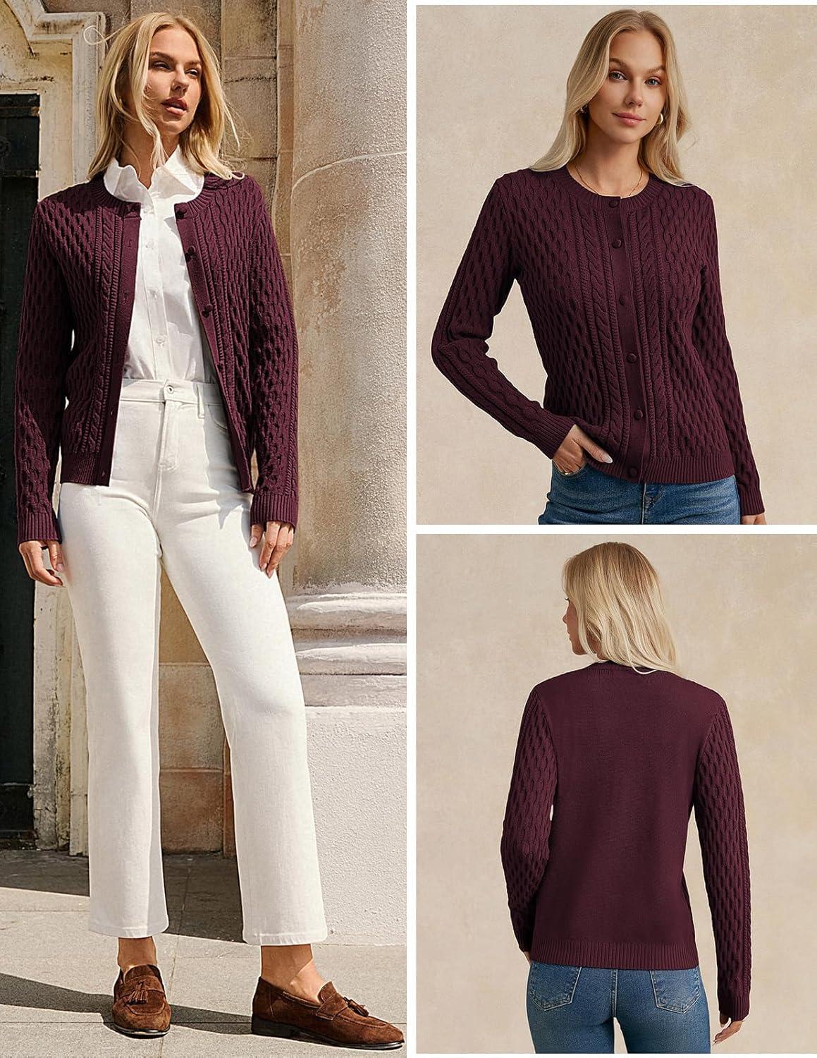 imageGRACE KARIN Womens Cable Knit Cardigan Sweaters Button Down Cardigans 2025 Fall Casual Long Sleeve TopsWine Red