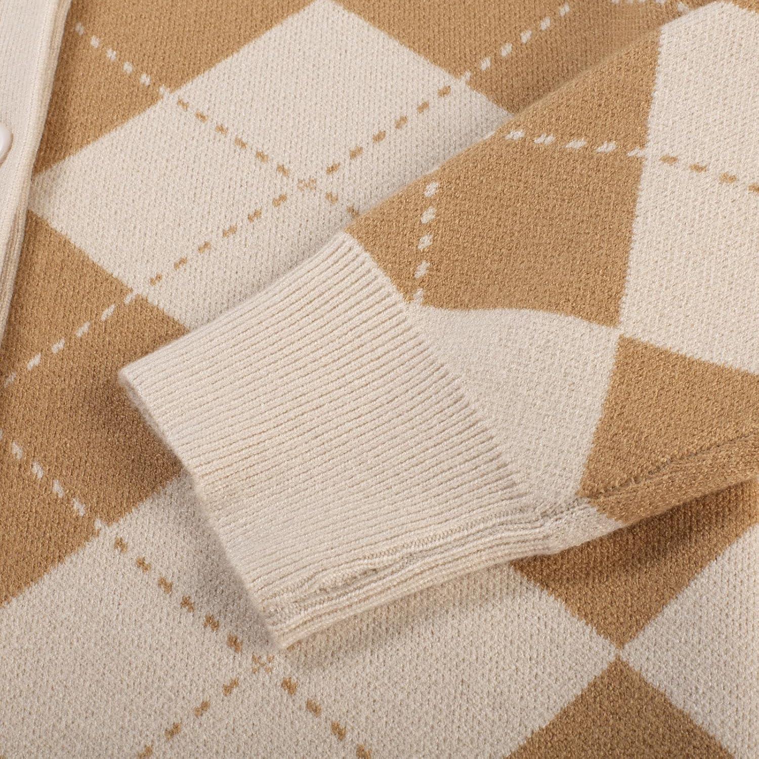 imageGRACE KARIN Womens Cardigan Sweater Fall Long Sleeve Argyle Sweater V Neck Button Up Cardigan Color Block Preppy ClothesApricot Ivory