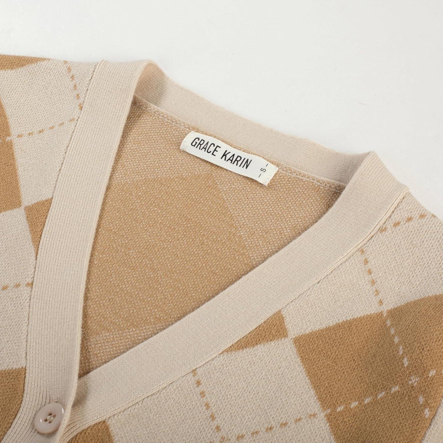 imageGRACE KARIN Womens Cardigan Sweater Fall Long Sleeve Argyle Sweater V Neck Button Up Cardigan Color Block Preppy ClothesApricot Ivory