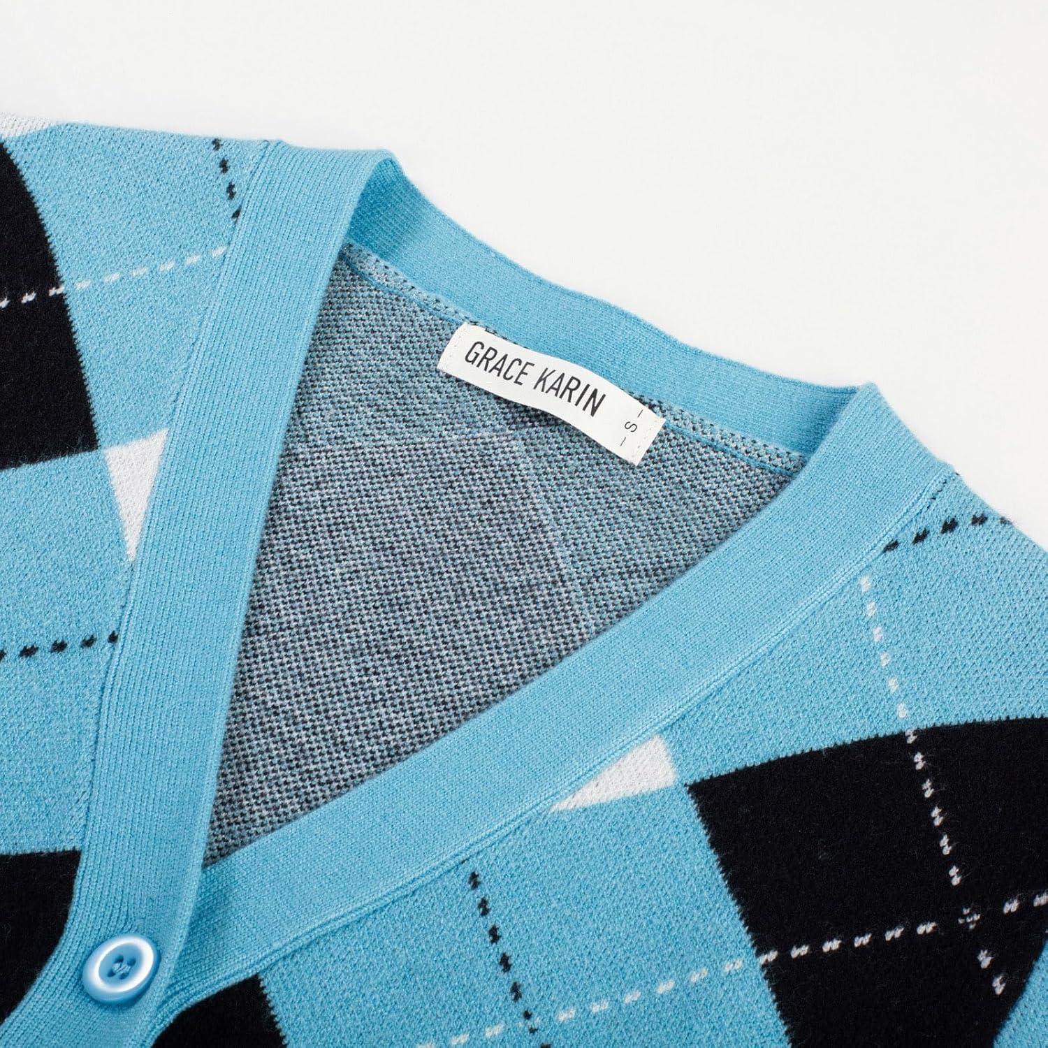 imageGRACE KARIN Womens Cardigan Sweater Fall Long Sleeve Argyle Sweater V Neck Button Up Cardigan Color Block Preppy ClothesBlue White