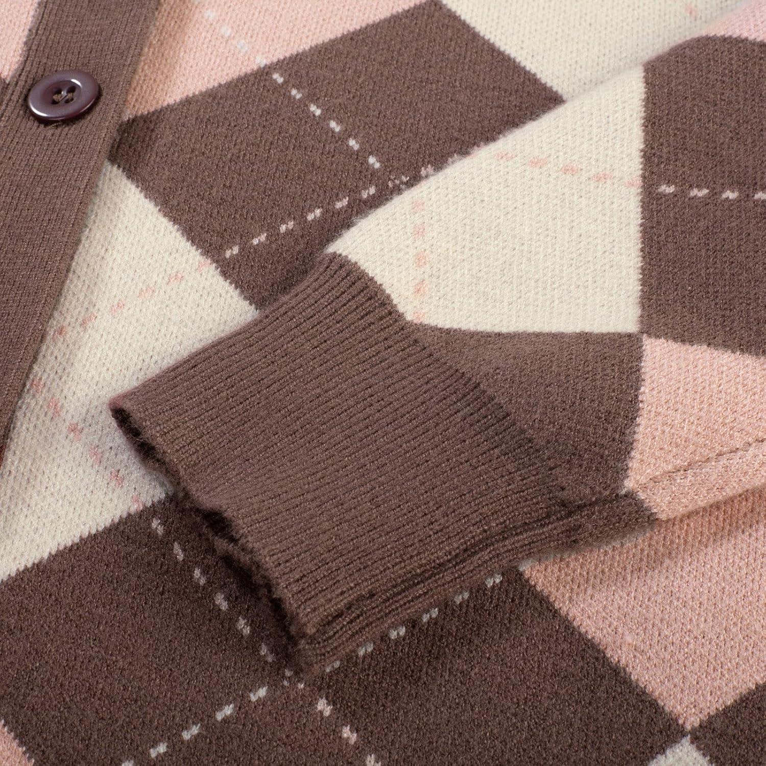 imageGRACE KARIN Womens Cardigan Sweater Fall Long Sleeve Argyle Sweater V Neck Button Up Cardigan Color Block Preppy ClothesPink Coffee