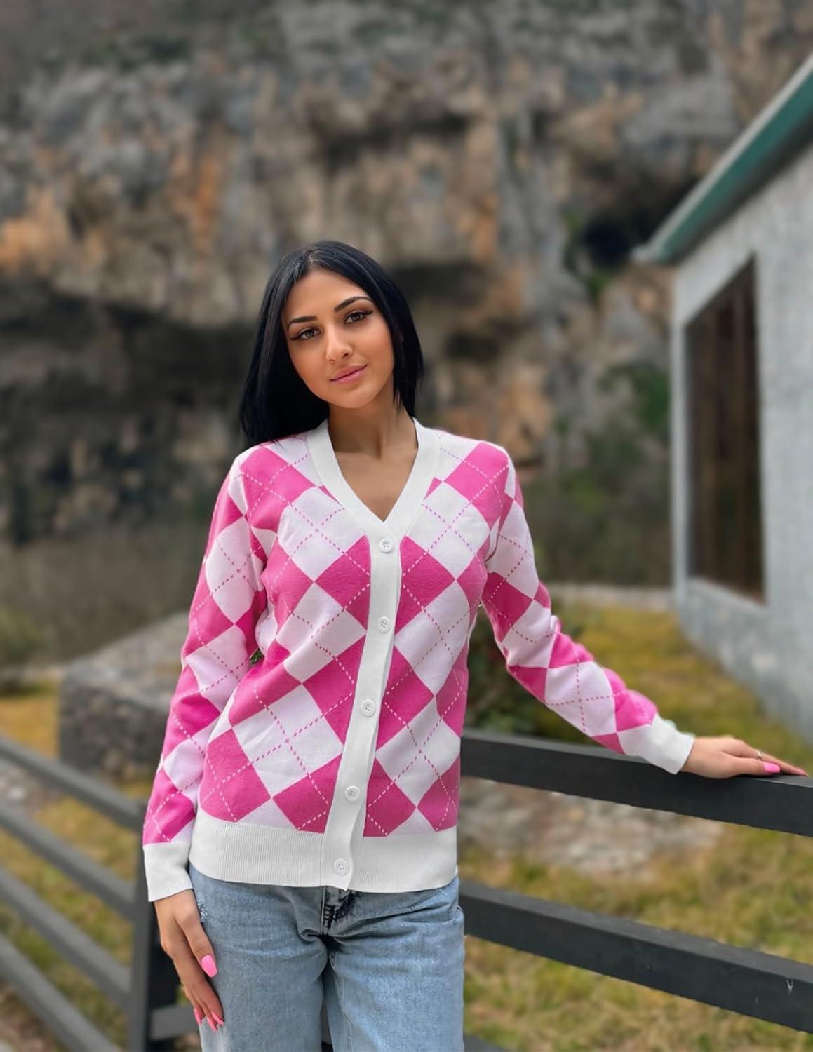 imageGRACE KARIN Womens Cardigan Sweater Fall Long Sleeve Argyle Sweater V Neck Button Up Cardigan Color Block Preppy ClothesPink White