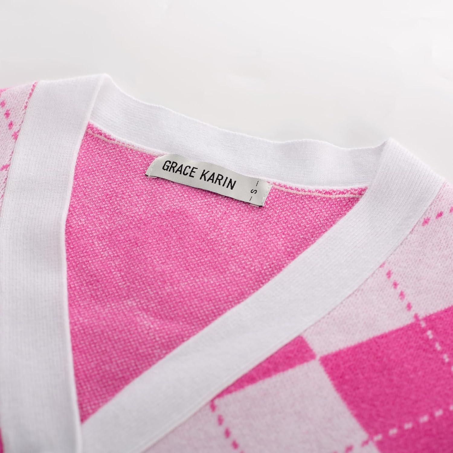imageGRACE KARIN Womens Cardigan Sweater Fall Long Sleeve Argyle Sweater V Neck Button Up Cardigan Color Block Preppy ClothesPink White