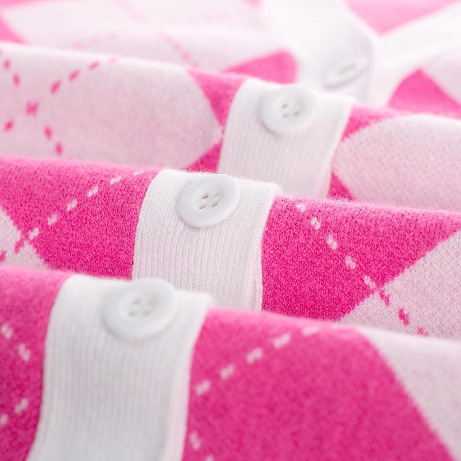 imageGRACE KARIN Womens Cardigan Sweater Fall Long Sleeve Argyle Sweater V Neck Button Up Cardigan Color Block Preppy ClothesPink White