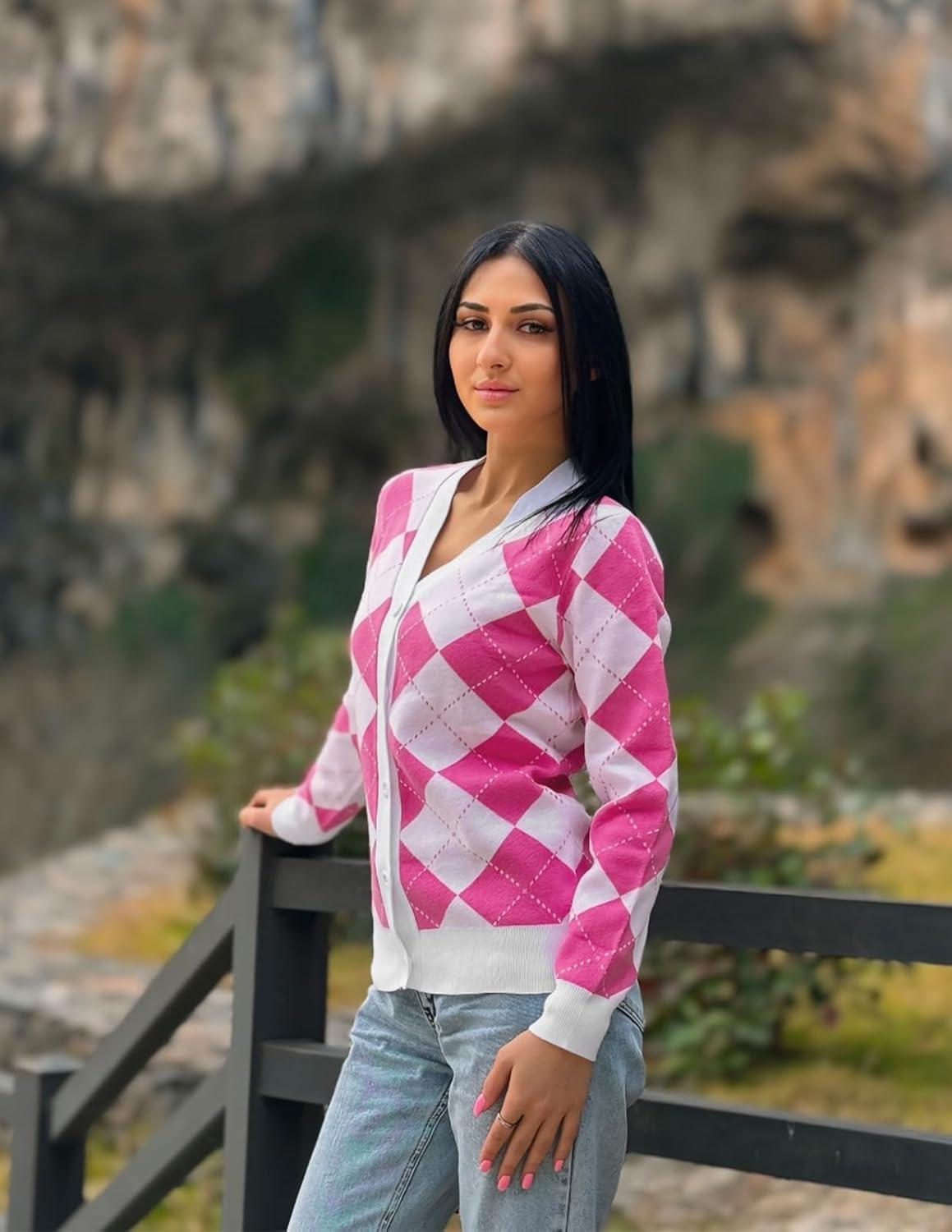 imageGRACE KARIN Womens Cardigan Sweater Fall Long Sleeve Argyle Sweater V Neck Button Up Cardigan Color Block Preppy ClothesPink White