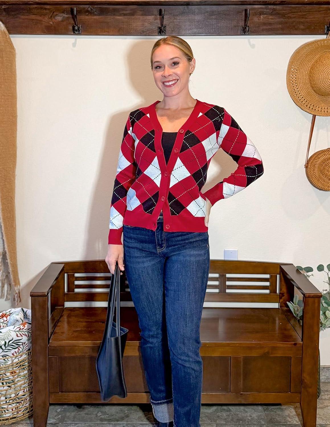 imageGRACE KARIN Womens Cardigan Sweater Fall Long Sleeve Argyle Sweater V Neck Button Up Cardigan Color Block Preppy ClothesPlaid Deep Red