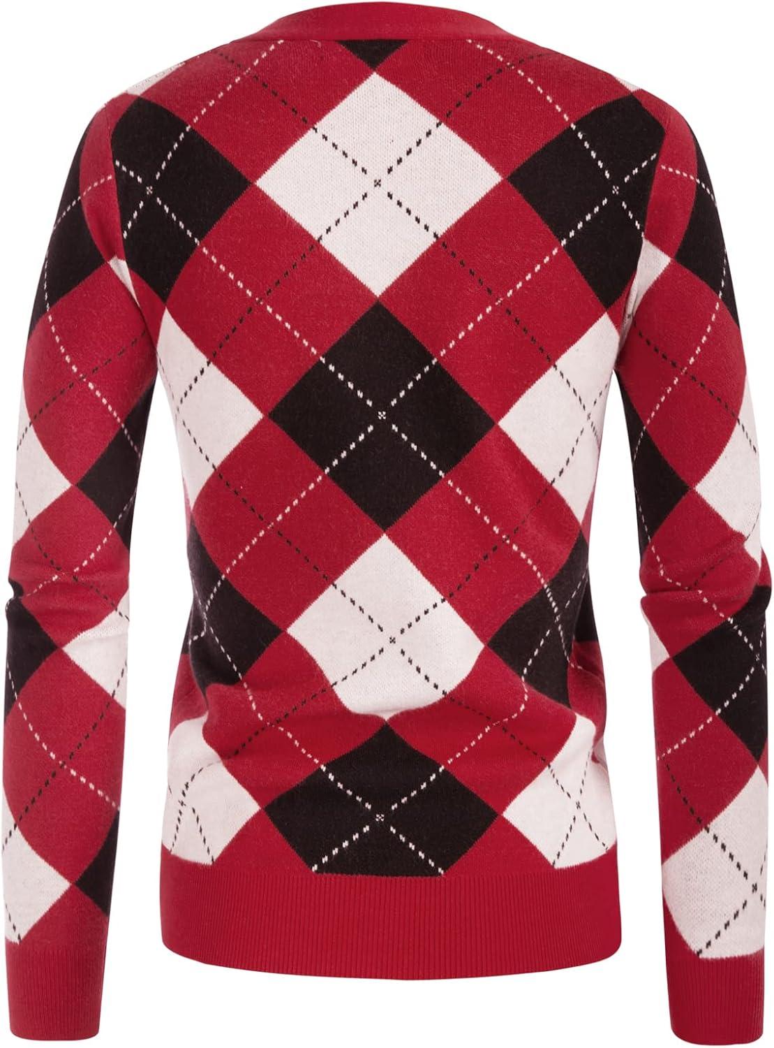 imageGRACE KARIN Womens Cardigan Sweater Fall Long Sleeve Argyle Sweater V Neck Button Up Cardigan Color Block Preppy ClothesPlaid Deep Red