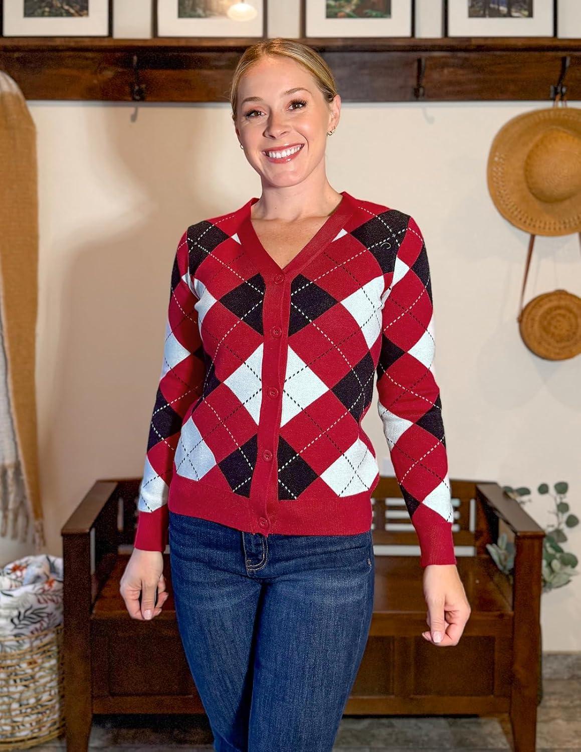 imageGRACE KARIN Womens Cardigan Sweater Fall Long Sleeve Argyle Sweater V Neck Button Up Cardigan Color Block Preppy ClothesPlaid Deep Red