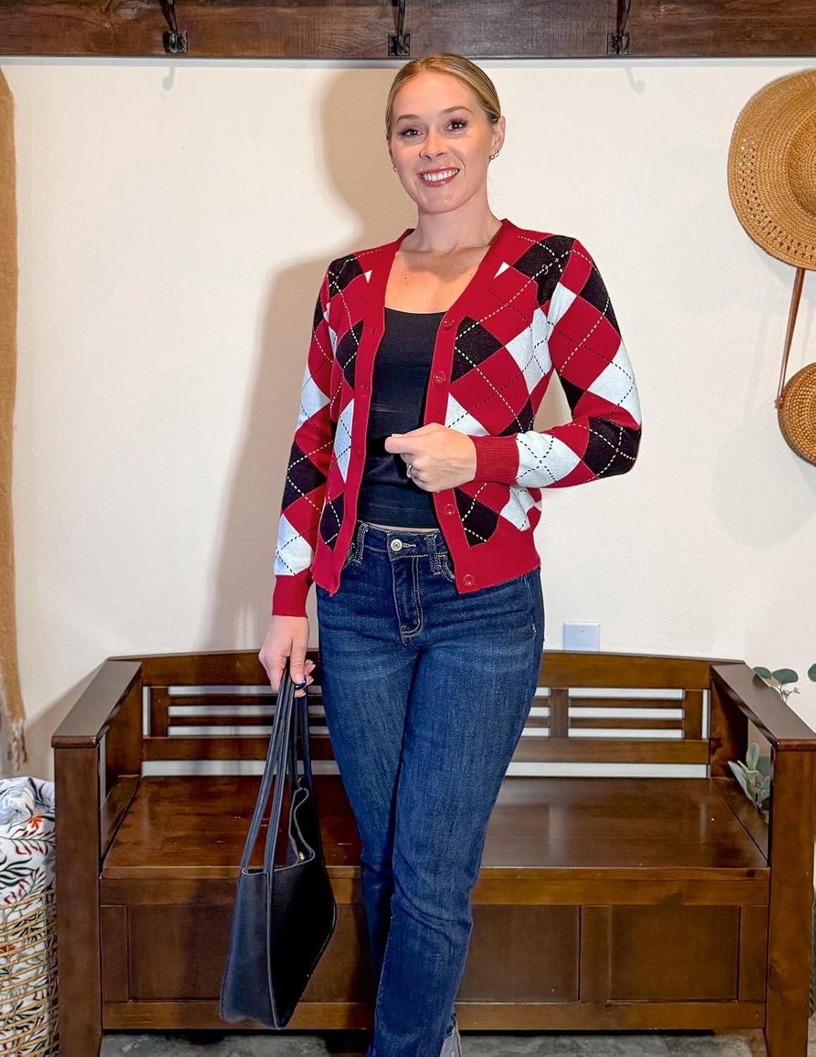 imageGRACE KARIN Womens Cardigan Sweater Fall Long Sleeve Argyle Sweater V Neck Button Up Cardigan Color Block Preppy ClothesPlaid Deep Red