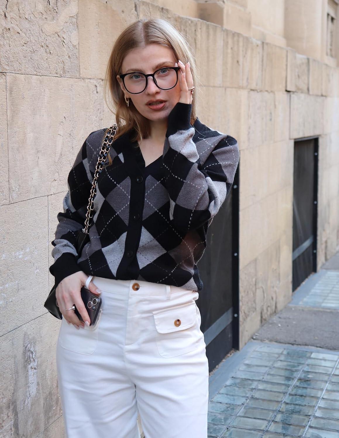 imageGRACE KARIN Womens Cardigan Sweater Fall Long Sleeve Argyle Sweater V Neck Button Up Cardigan Color Block Preppy ClothesPlaid Gray Black