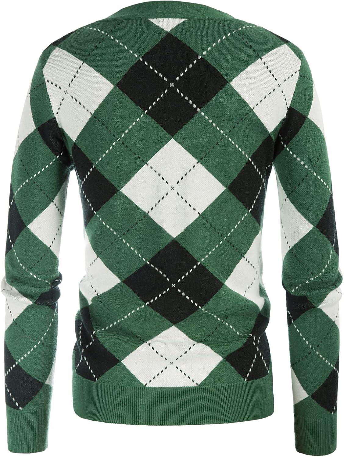 imageGRACE KARIN Womens Cardigan Sweater Fall Long Sleeve Argyle Sweater V Neck Button Up Cardigan Color Block Preppy ClothesPlaid Green White