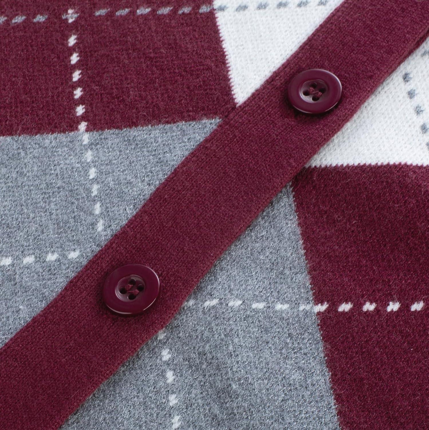 imageGRACE KARIN Womens Cardigan Sweater Fall Long Sleeve Argyle Sweater V Neck Button Up Cardigan Color Block Preppy ClothesWine