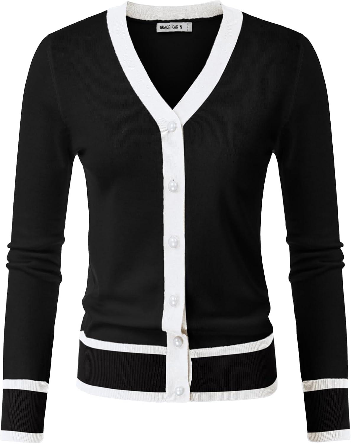 imageGRACE KARIN Womens Cardigan Sweaters Lightweight Long Sleeve Cropped Cardigan VNeck Striped Shrugs Fall ClothesBlack White