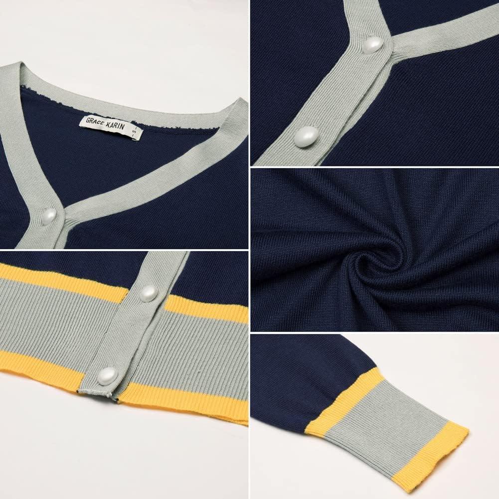 imageGRACE KARIN Womens Cardigan Sweaters Lightweight Long Sleeve Cropped Cardigan VNeck Striped Shrugs Fall ClothesContrast Dark Blue