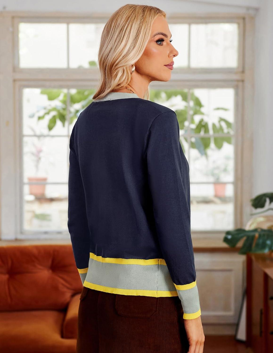 imageGRACE KARIN Womens Cardigan Sweaters Lightweight Long Sleeve Cropped Cardigan VNeck Striped Shrugs Fall ClothesContrast Dark Blue