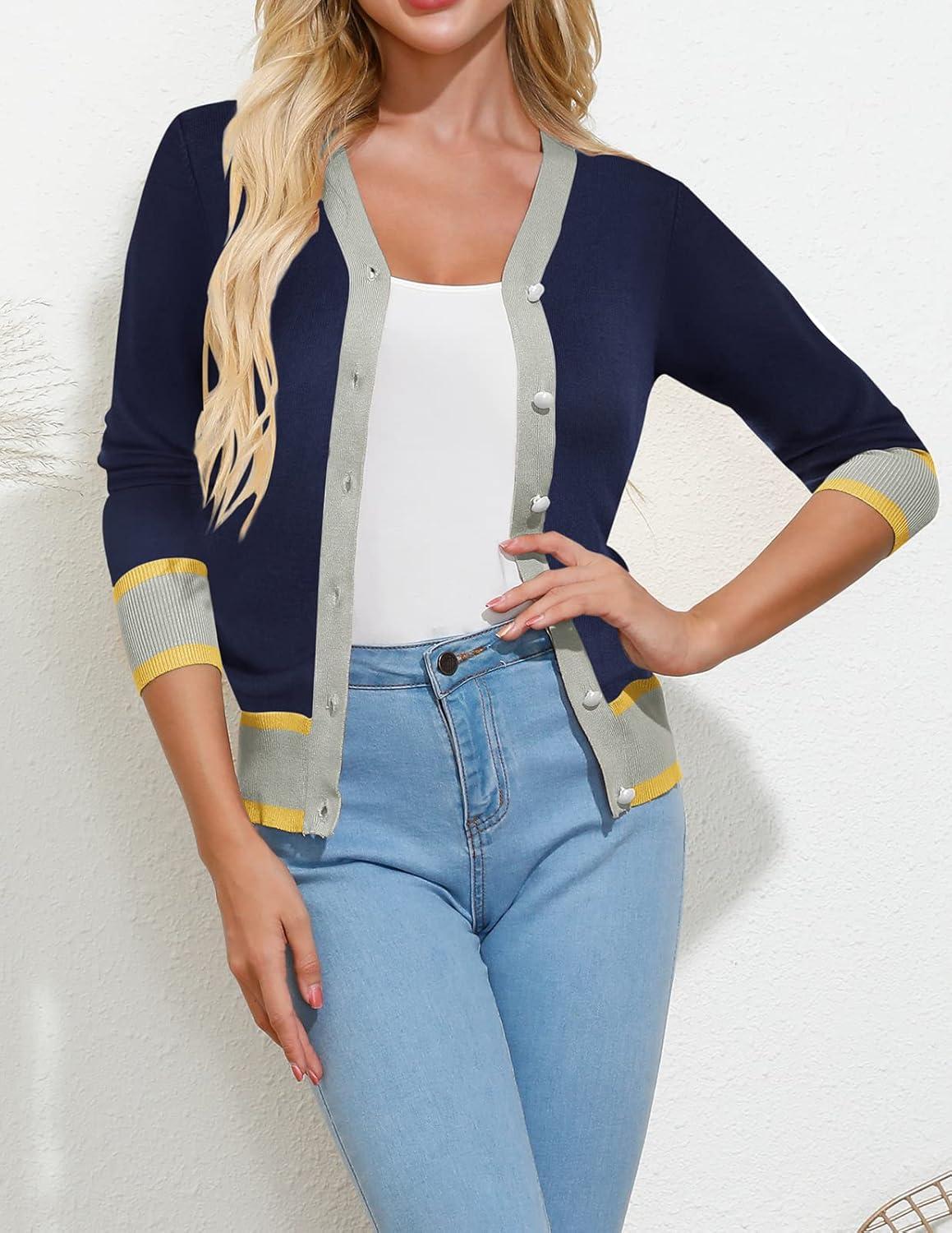 imageGRACE KARIN Womens Cardigan Sweaters Lightweight Long Sleeve Cropped Cardigan VNeck Striped Shrugs Fall ClothesContrast Dark Blue