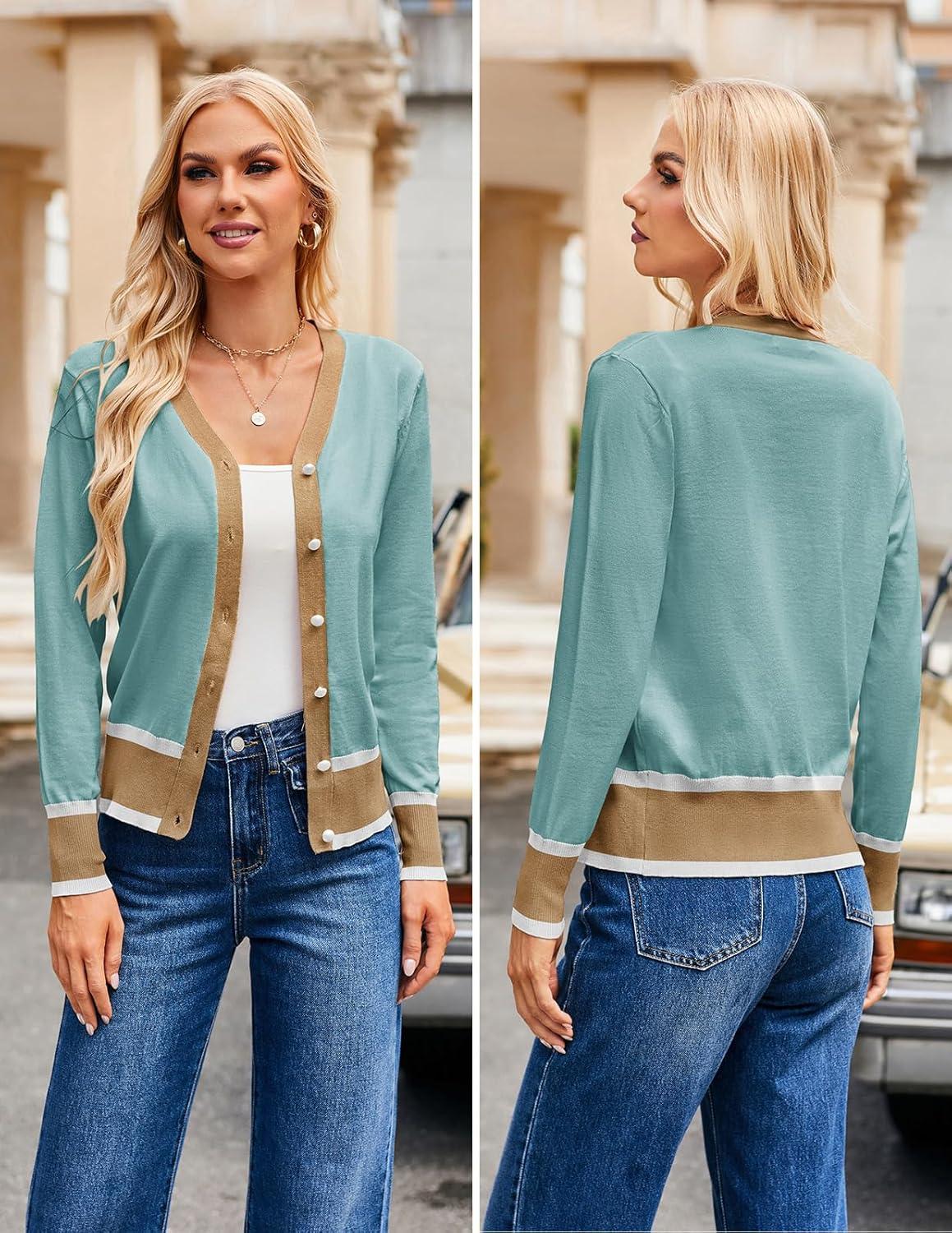 imageGRACE KARIN Womens Cardigan Sweaters Lightweight Long Sleeve Cropped Cardigan VNeck Striped Shrugs Fall ClothesContrastblue