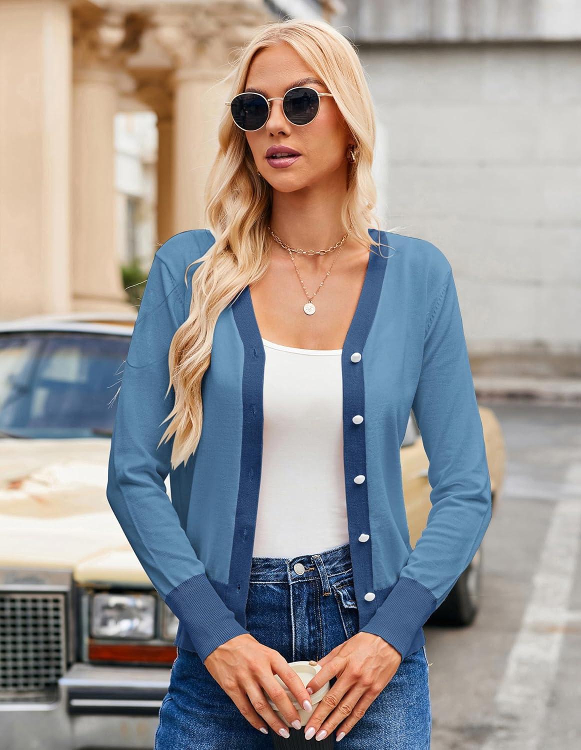 imageGRACE KARIN Womens Cardigan Sweaters Lightweight Long Sleeve Cropped Cardigan VNeck Striped Shrugs Fall ClothesGray Blue