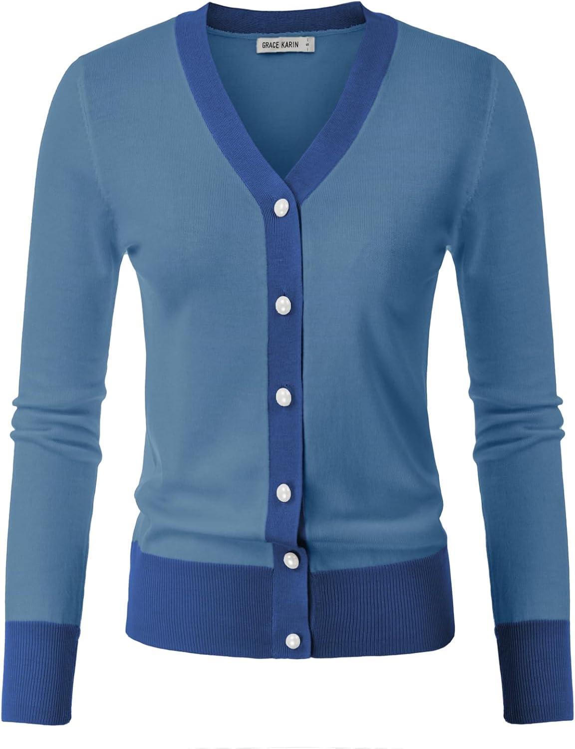 imageGRACE KARIN Womens Cardigan Sweaters Lightweight Long Sleeve Cropped Cardigan VNeck Striped Shrugs Fall ClothesGray Blue