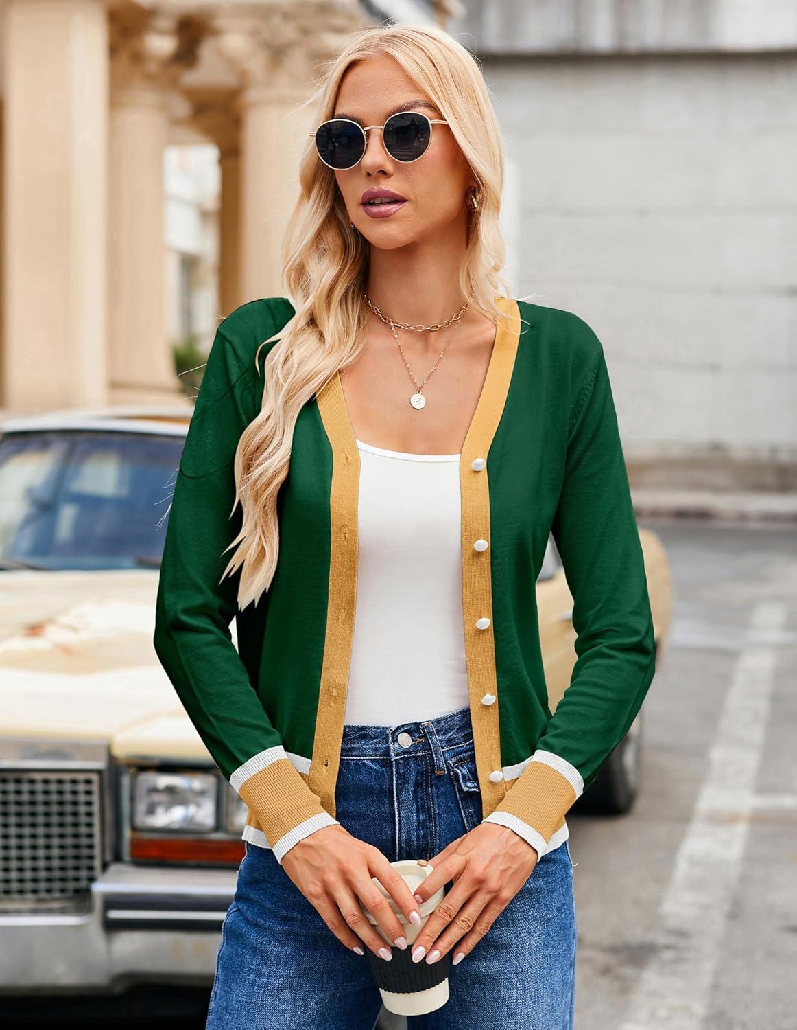imageGRACE KARIN Womens Cardigan Sweaters Lightweight Long Sleeve Cropped Cardigan VNeck Striped Shrugs Fall ClothesGreen Yellow