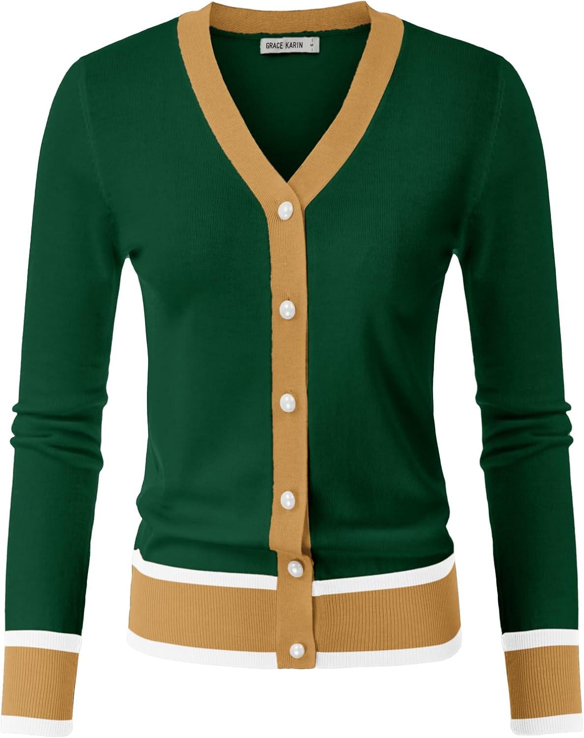 imageGRACE KARIN Womens Cardigan Sweaters Lightweight Long Sleeve Cropped Cardigan VNeck Striped Shrugs Fall ClothesGreen Yellow