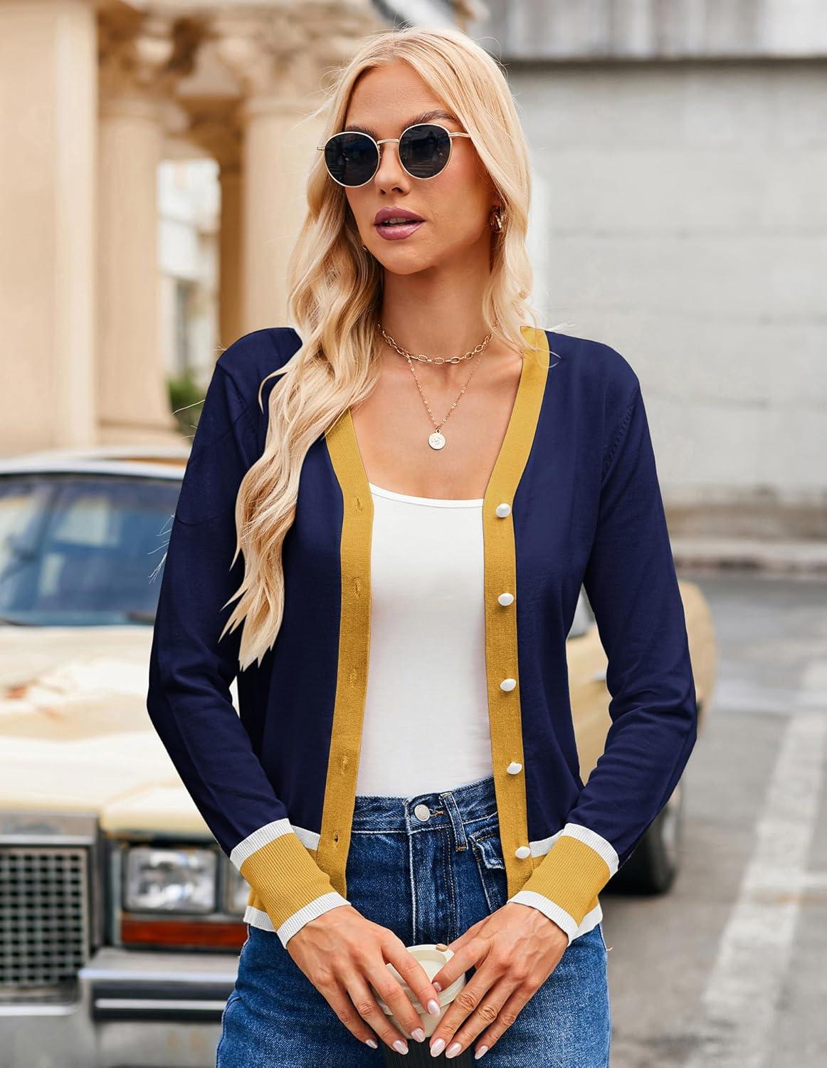 imageGRACE KARIN Womens Cardigan Sweaters Lightweight Long Sleeve Cropped Cardigan VNeck Striped Shrugs Fall ClothesNavy Yellow