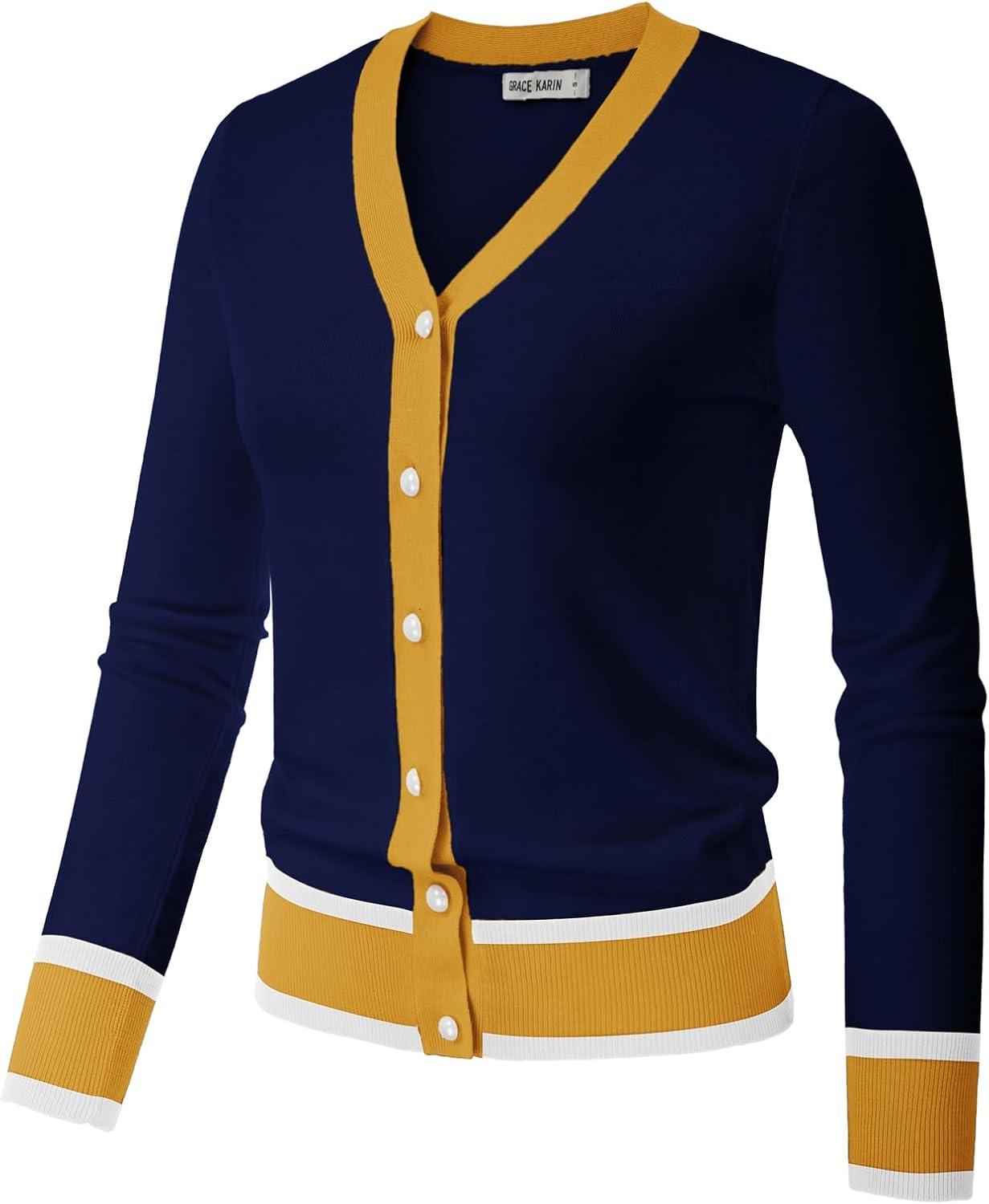 imageGRACE KARIN Womens Cardigan Sweaters Lightweight Long Sleeve Cropped Cardigan VNeck Striped Shrugs Fall ClothesNavy Yellow