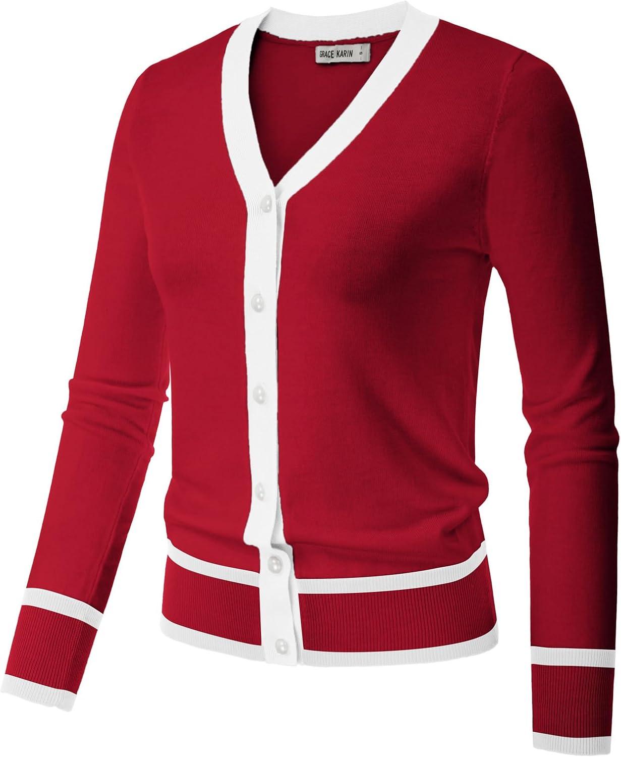imageGRACE KARIN Womens Cardigan Sweaters Lightweight Long Sleeve Cropped Cardigan VNeck Striped Shrugs Fall ClothesRed White