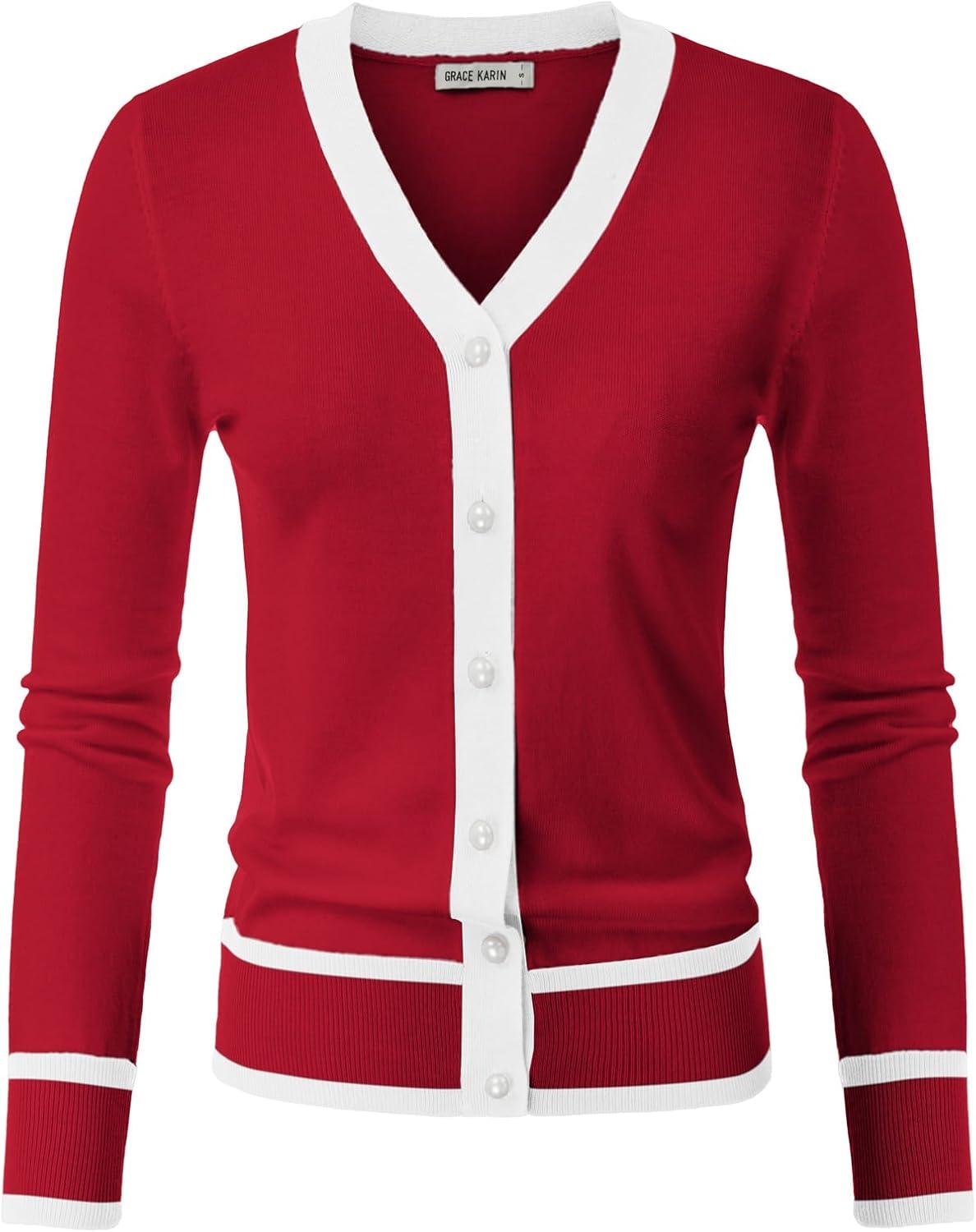 imageGRACE KARIN Womens Cardigan Sweaters Lightweight Long Sleeve Cropped Cardigan VNeck Striped Shrugs Fall ClothesRed White