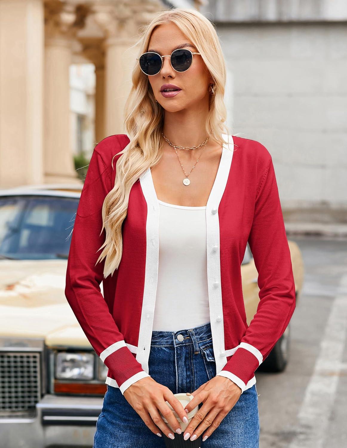 imageGRACE KARIN Womens Cardigan Sweaters Lightweight Long Sleeve Cropped Cardigan VNeck Striped Shrugs Fall ClothesRed White