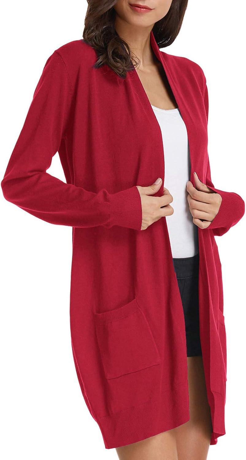 imageGRACE KARIN Womens Long Cardigan Sweater Open Front Classic Knitted Lightweight Sweater with PocketsBright Red