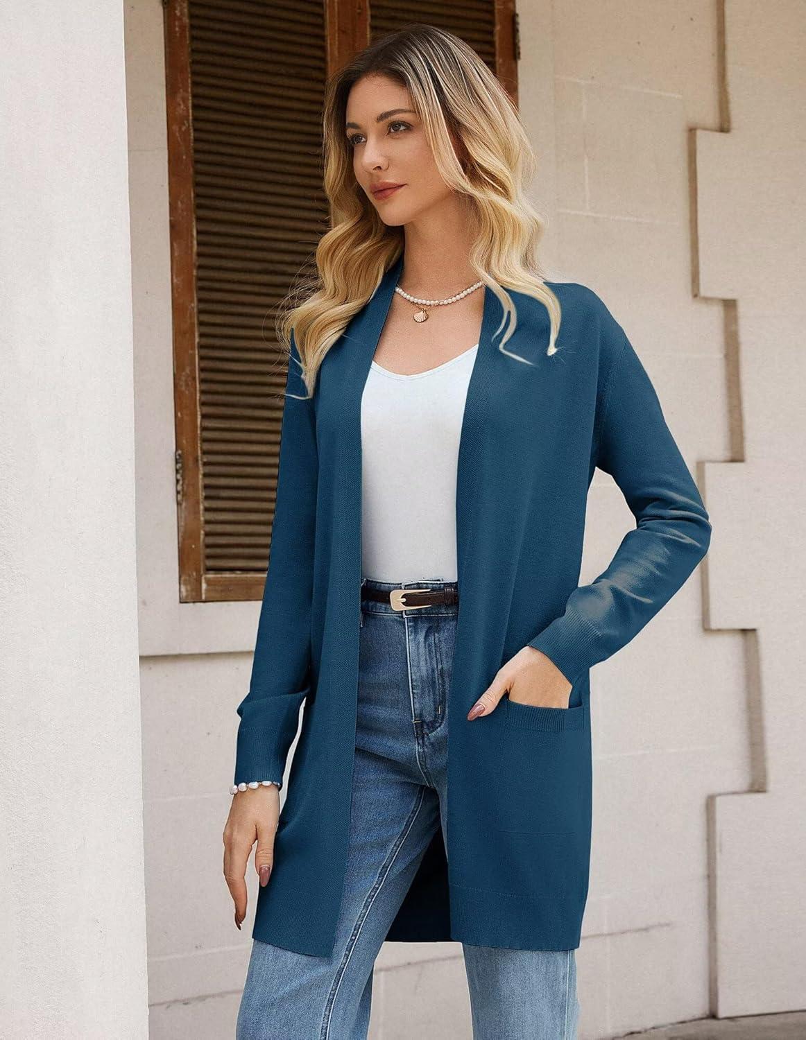 imageGRACE KARIN Womens Long Cardigan Sweater Open Front Classic Knitted Lightweight Sweater with PocketsCerulean