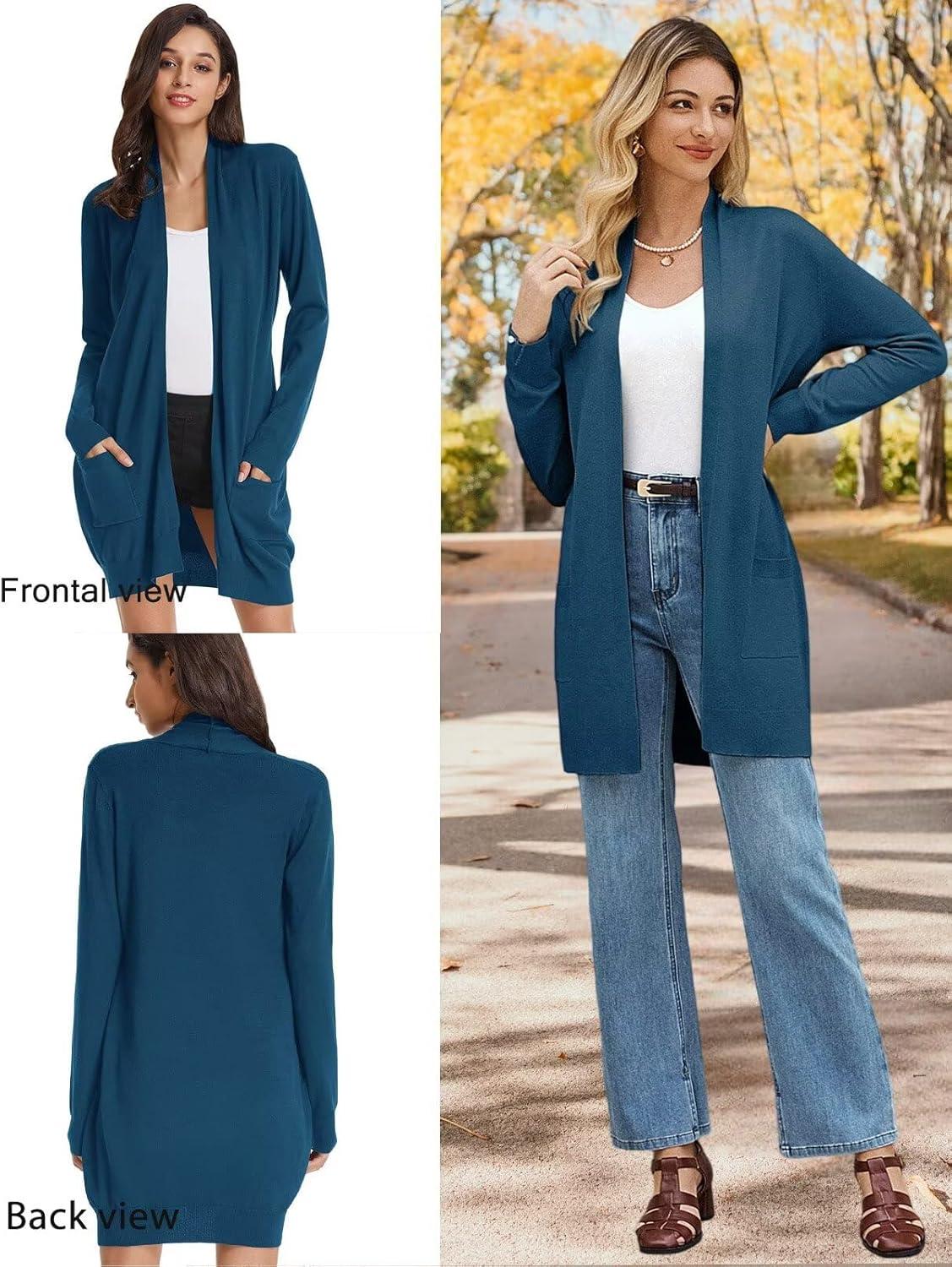 imageGRACE KARIN Womens Long Cardigan Sweater Open Front Classic Knitted Lightweight Sweater with PocketsCerulean